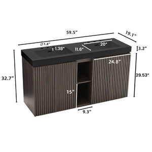 English Elm Galan 60 Inch Double Sink Bathroom Vanity Smoked Oak Slat Freestanding Modern Cabinet W1865S00248