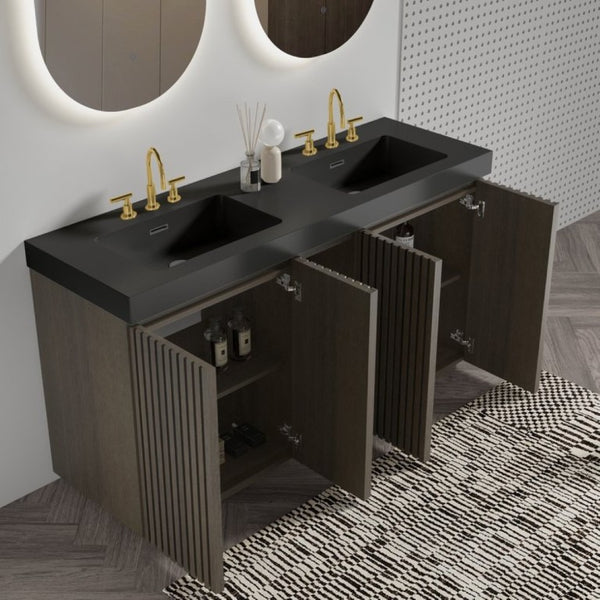 English Elm Galan 60 Inch Double Sink Bathroom Vanity Smoked Oak Slat Freestanding Modern Cabinet W1865S00248
