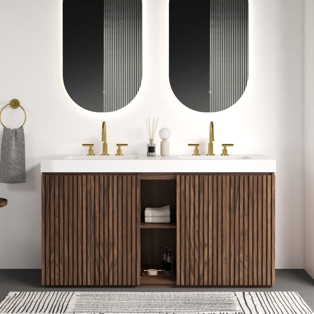 English Elm Galan 60 Inch Freestanding Bathroom Vanity Fluted Walnut Finish with Quartz Double Basin Walnut Brown W1865S00249