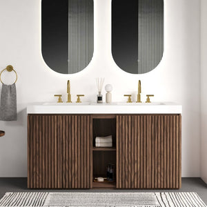 English Elm Galan 60 Inch Freestanding Bathroom Vanity Fluted Walnut Finish with Quartz Double Basin Walnut Brown W1865S00249