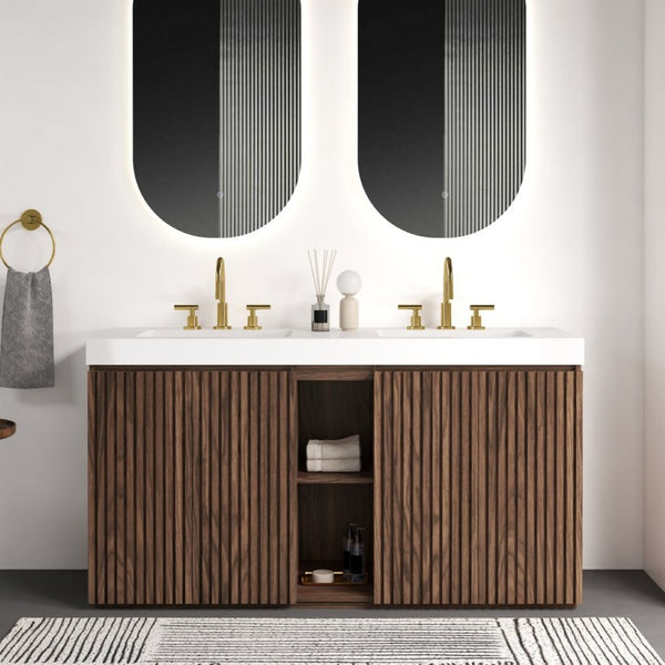 English Elm Galan 60 Inch Freestanding Bathroom Vanity Fluted Walnut Finish with Quartz Double Basin Walnut Brown W1865S00249