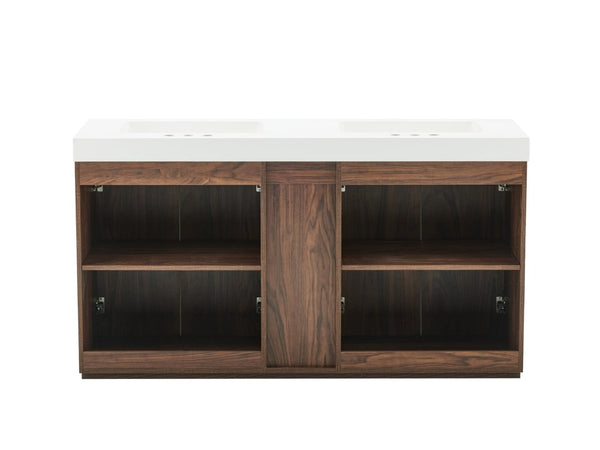 English Elm Galan 60 Inch Freestanding Bathroom Vanity Fluted Walnut Finish with Quartz Double Basin Walnut Brown W1865S00249