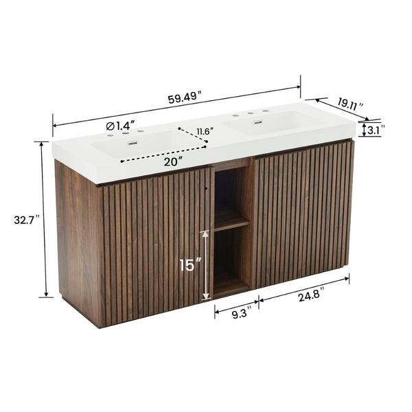 English Elm Galan 60 Inch Freestanding Bathroom Vanity Fluted Walnut Finish with Quartz Double Basin Walnut Brown W1865S00249