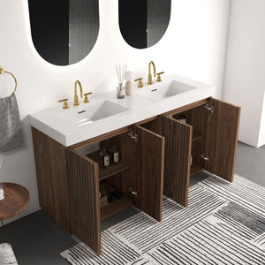 English Elm Galan 60 Inch Freestanding Bathroom Vanity Fluted Walnut Finish with Quartz Double Basin Walnut Brown W1865S00249