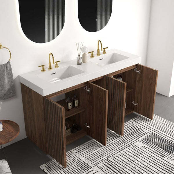 English Elm Galan 60 Inch Freestanding Bathroom Vanity Fluted Walnut Finish with Quartz Double Basin Walnut Brown W1865S00249
