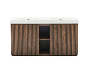 English Elm Galan 60 Inch Freestanding Bathroom Vanity Fluted Walnut Finish with Quartz Double Basin Walnut Brown W1865S00249