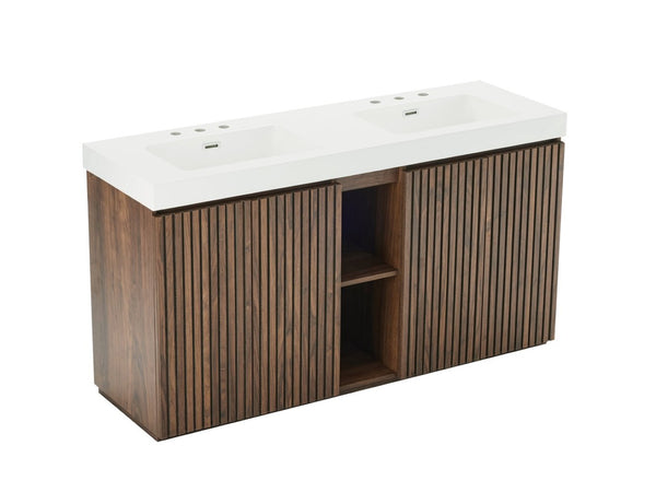 English Elm Galan 60 Inch Freestanding Bathroom Vanity Fluted Walnut Finish with Quartz Double Basin Walnut Brown W1865S00249