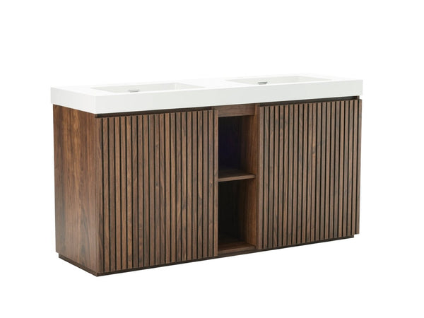 English Elm Galan 60 Inch Freestanding Bathroom Vanity Fluted Walnut Finish with Quartz Double Basin Walnut Brown W1865S00249
