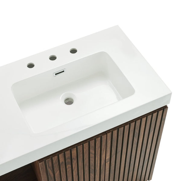 English Elm Galan 60 Inch Freestanding Bathroom Vanity Fluted Walnut Finish with Quartz Double Basin Walnut Brown W1865S00249