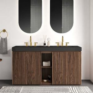 English Elm Galan 60 Inch Freestanding Bathroom Vanity Fluted Walnut Finish with Black Quartz Double Sink Walnut Brown W1865S00250