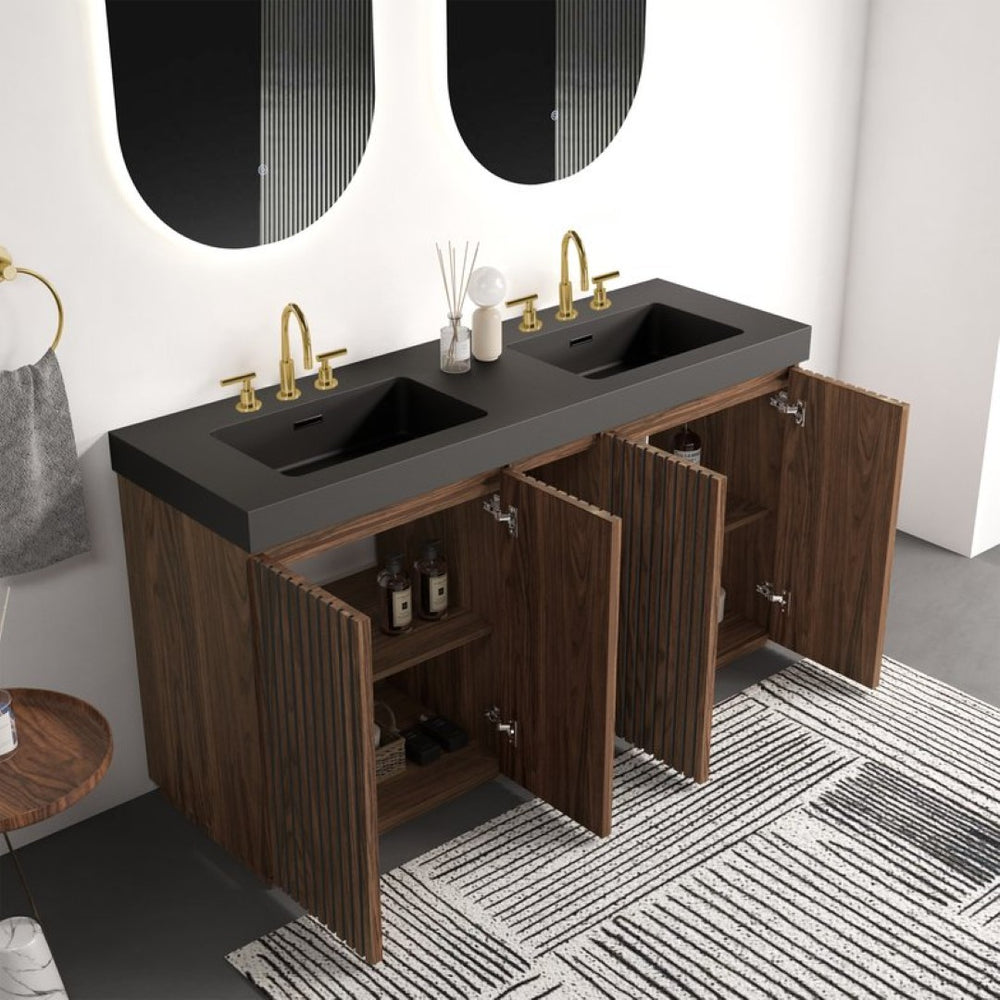 English Elm Galan 60 Inch Freestanding Bathroom Vanity Fluted Walnut Finish with Black Quartz Double Sink Walnut Brown W1865S00250