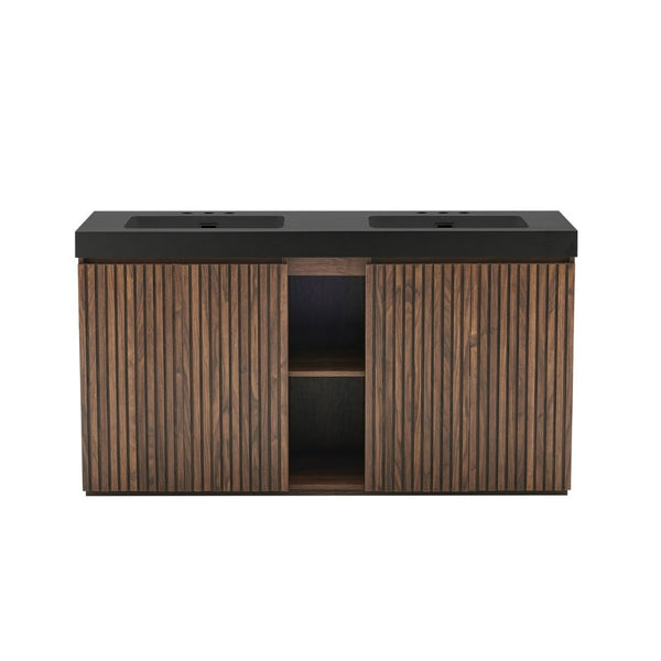English Elm Galan 60 Inch Freestanding Bathroom Vanity Fluted Walnut Finish with Black Quartz Double Sink Walnut Brown W1865S00250