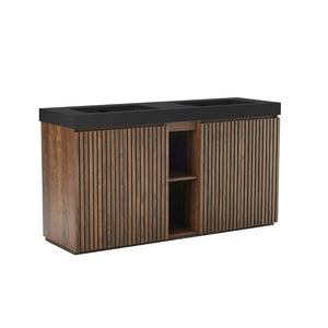 English Elm Galan 60 Inch Freestanding Bathroom Vanity Fluted Walnut Finish with Black Quartz Double Sink Walnut Brown W1865S00250