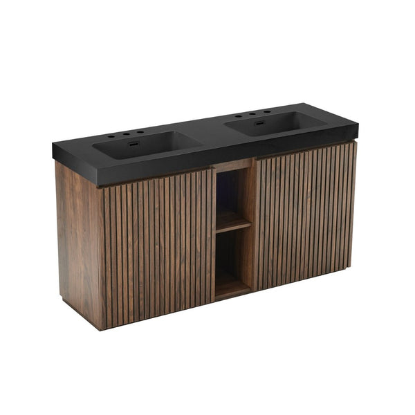 English Elm Galan 60 Inch Freestanding Bathroom Vanity Fluted Walnut Finish with Black Quartz Double Sink Walnut Brown W1865S00250