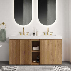 English Elm Galan 60 Inch Freestanding Bathroom Vanity Fluted Walnut Finish with Quartz Double Basin Light Oak W1865S00251