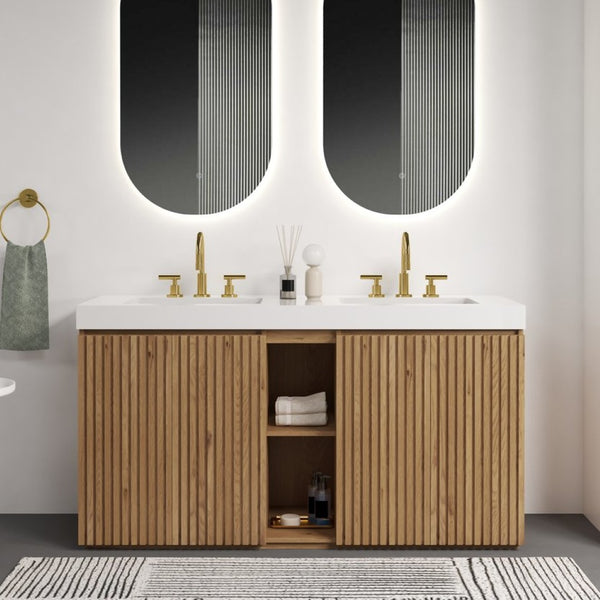 English Elm Galan 60 Inch Freestanding Bathroom Vanity Fluted Walnut Finish with Quartz Double Basin Light Oak W1865S00251