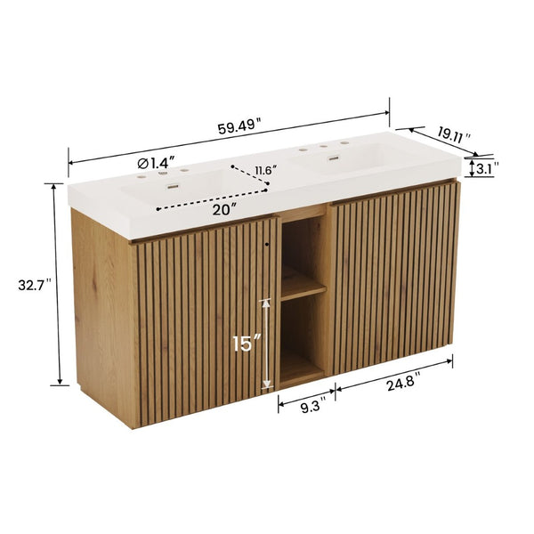 English Elm Galan 60 Inch Freestanding Bathroom Vanity Fluted Walnut Finish with Quartz Double Basin Light Oak W1865S00251