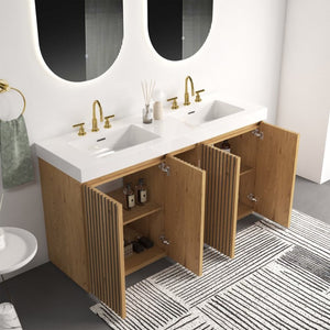 English Elm Galan 60 Inch Freestanding Bathroom Vanity Fluted Walnut Finish with Quartz Double Basin Light Oak W1865S00251