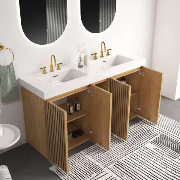 English Elm Galan 60 Inch Freestanding Bathroom Vanity Fluted Walnut Finish with Quartz Double Basin Light Oak W1865S00251