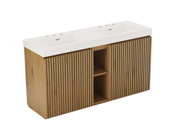 English Elm Galan 60 Inch Freestanding Bathroom Vanity Fluted Walnut Finish with Quartz Double Basin Light Oak W1865S00251
