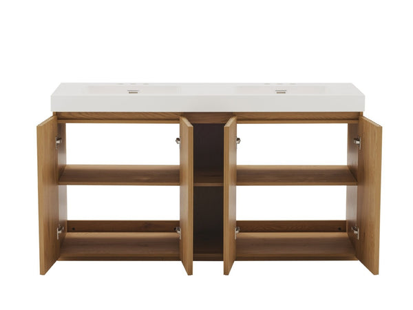English Elm Galan 60 Inch Freestanding Bathroom Vanity Fluted Walnut Finish with Quartz Double Basin Light Oak W1865S00251