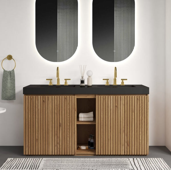 English Elm Galan 60 Inch Freestanding Bathroom Vanity Fluted Walnut Finish with Black Quartz Double Sink Light Oak W1865S00252