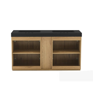 English Elm Galan 60 Inch Freestanding Bathroom Vanity Fluted Walnut Finish with Black Quartz Double Sink Light Oak W1865S00252