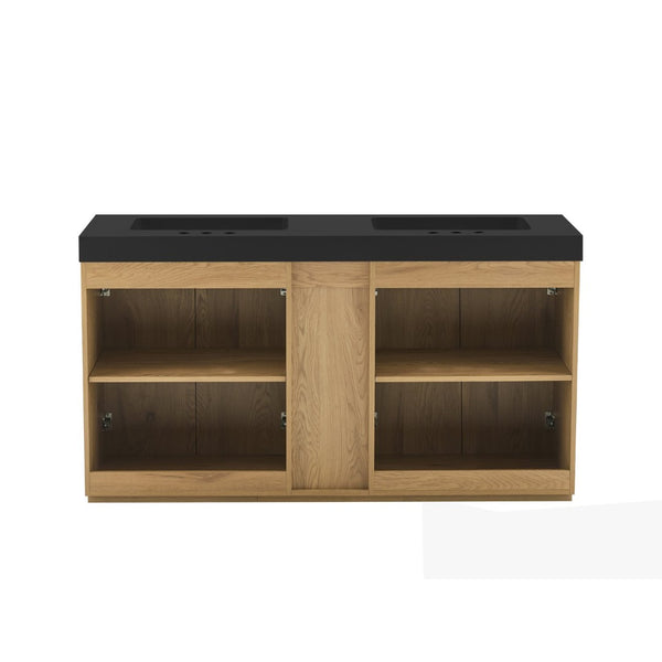 English Elm Galan 60 Inch Freestanding Bathroom Vanity Fluted Walnut Finish with Black Quartz Double Sink Light Oak W1865S00252