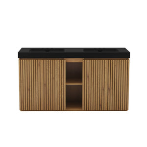 English Elm Galan 60 Inch Freestanding Bathroom Vanity Fluted Walnut Finish with Black Quartz Double Sink Light Oak W1865S00252