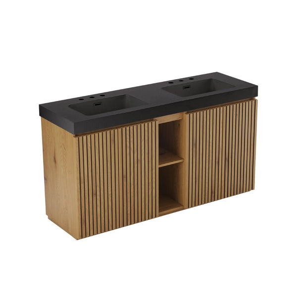 English Elm Galan 60 Inch Freestanding Bathroom Vanity Fluted Walnut Finish with Black Quartz Double Sink Light Oak W1865S00252