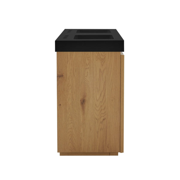 English Elm Galan 60 Inch Freestanding Bathroom Vanity Fluted Walnut Finish with Black Quartz Double Sink Light Oak W1865S00252