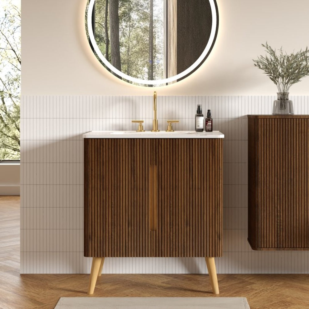 English Elm Etna 30 Inch Walnut Texture Bathroom Vanity with Carrara Ceramic Sink Modern Cabinet W1865S00256