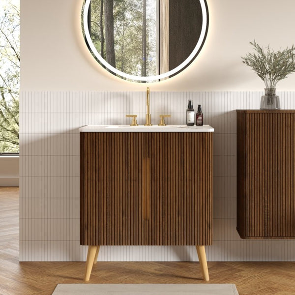 English Elm Etna 30 Inch Walnut Texture Bathroom Vanity with Carrara Ceramic Sink Modern Cabinet W1865S00256