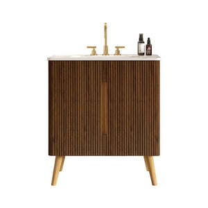 English Elm Etna 30 Inch Walnut Texture Bathroom Vanity with Carrara Ceramic Sink Modern Cabinet W1865S00256