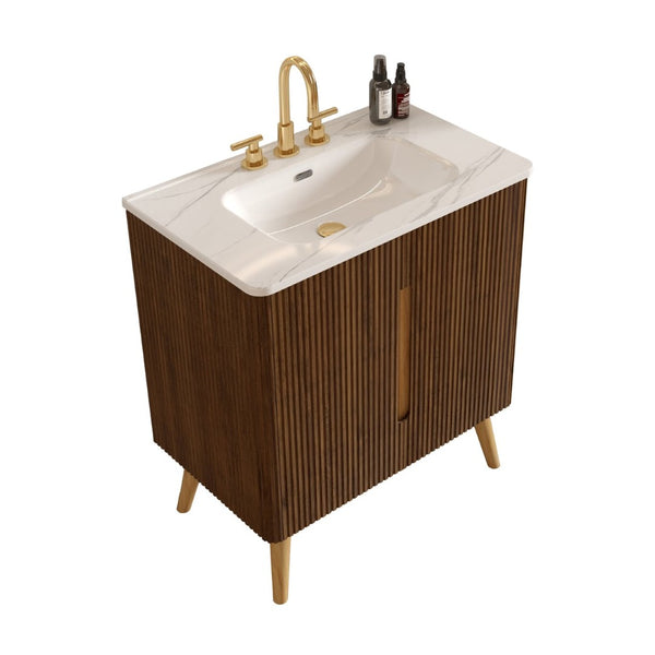 English Elm Etna 30 Inch Walnut Texture Bathroom Vanity with Carrara Ceramic Sink Modern Cabinet W1865S00256
