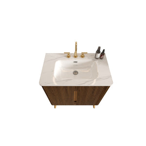 English Elm Etna 30 Inch Walnut Texture Bathroom Vanity with Carrara Ceramic Sink Modern Cabinet W1865S00256