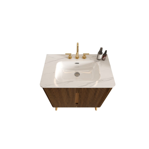 English Elm Etna 30 Inch Walnut Texture Bathroom Vanity with Carrara Ceramic Sink Modern Cabinet W1865S00256
