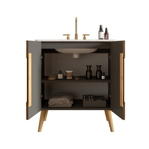 English Elm Etna 30 Inch Walnut Texture Bathroom Vanity with Carrara Ceramic Sink Modern Cabinet W1865S00256