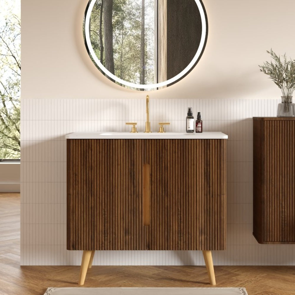 English Elm Etna Striped Walnut 36 Inch Bathroom Vanity with Ceramic Sink Soft Close Cabinet W1865S00257