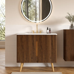 English Elm Etna Striped Walnut 36 Inch Bathroom Vanity with Ceramic Sink Soft Close Cabinet W1865S00257