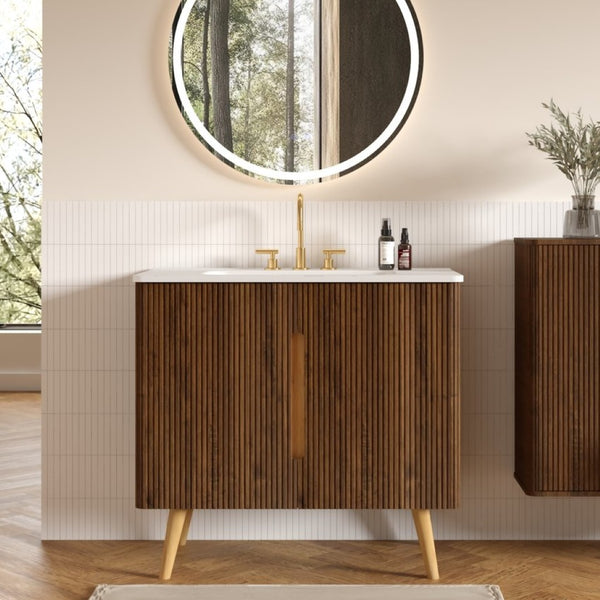 English Elm Etna Striped Walnut 36 Inch Bathroom Vanity with Ceramic Sink Soft Close Cabinet W1865S00257