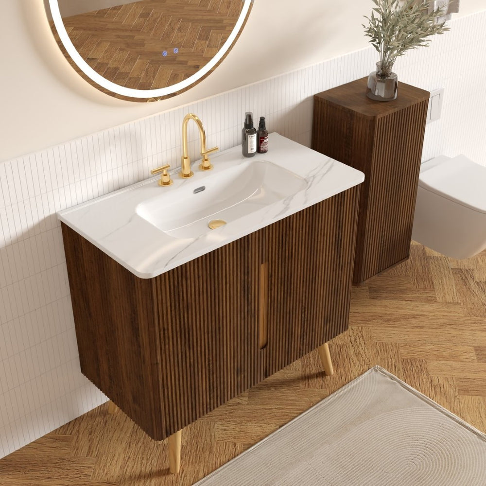 English Elm Etna Striped Walnut 36 Inch Bathroom Vanity with Ceramic Sink Soft Close Cabinet W1865S00257