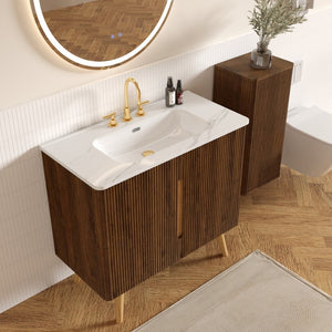 English Elm Etna Striped Walnut 36 Inch Bathroom Vanity with Ceramic Sink Soft Close Cabinet W1865S00257
