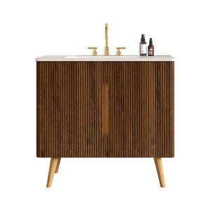 English Elm Etna Striped Walnut 36 Inch Bathroom Vanity with Ceramic Sink Soft Close Cabinet W1865S00257