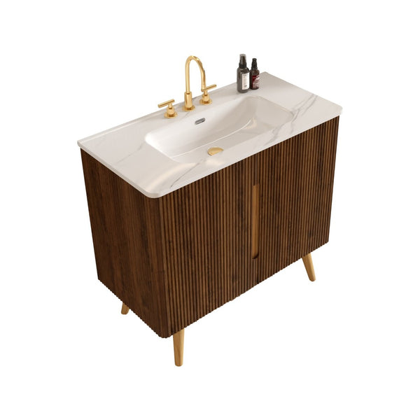 English Elm Etna Striped Walnut 36 Inch Bathroom Vanity with Ceramic Sink Soft Close Cabinet W1865S00257
