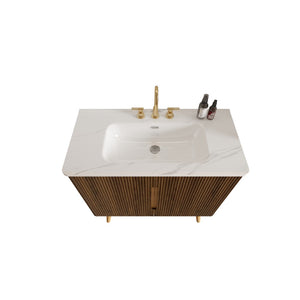 English Elm Etna Striped Walnut 36 Inch Bathroom Vanity with Ceramic Sink Soft Close Cabinet W1865S00257