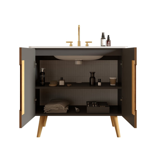 English Elm Etna Striped Walnut 36 Inch Bathroom Vanity with Ceramic Sink Soft Close Cabinet W1865S00257