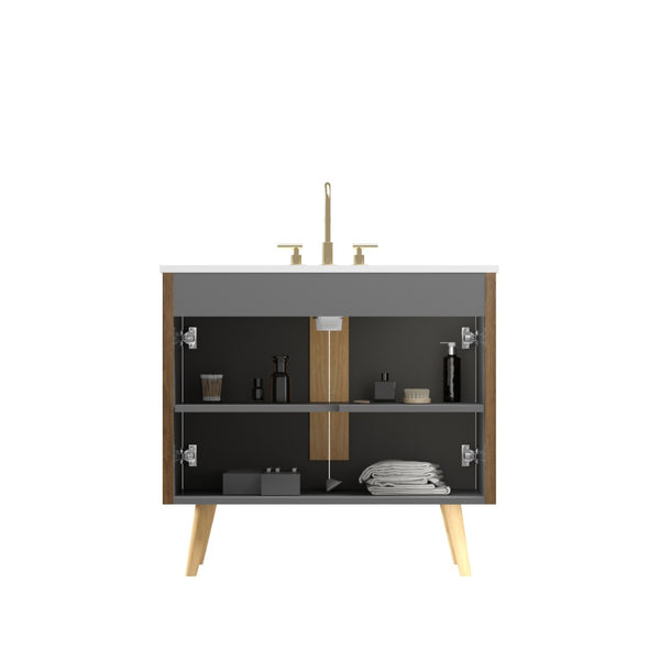 English Elm Etna Striped Walnut 36 Inch Bathroom Vanity with Ceramic Sink Soft Close Cabinet W1865S00257