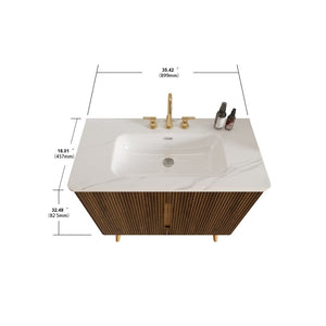 English Elm Etna Striped Walnut 36 Inch Bathroom Vanity with Ceramic Sink Soft Close Cabinet W1865S00257