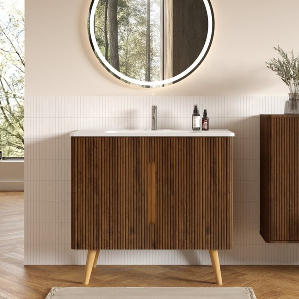 English Elm Etna Striped Walnut Freestanding Bathroom Vanity Glossy Ceramic Sink Modern Storage W1865S00258